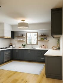 Grey kitchen with open shelving