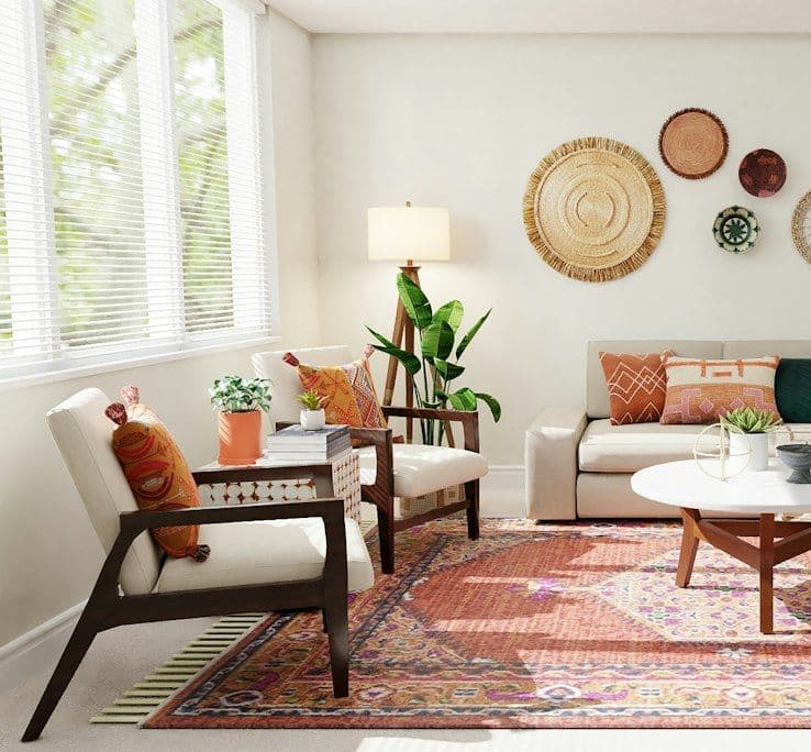 Living room with patterned rug and warm lamps