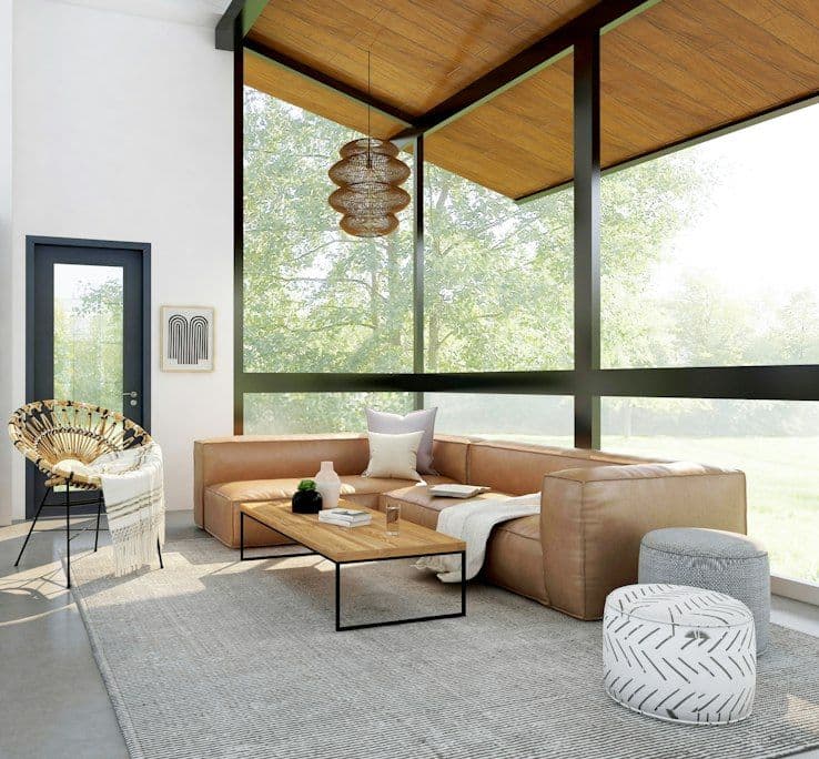 Open living room with large windows