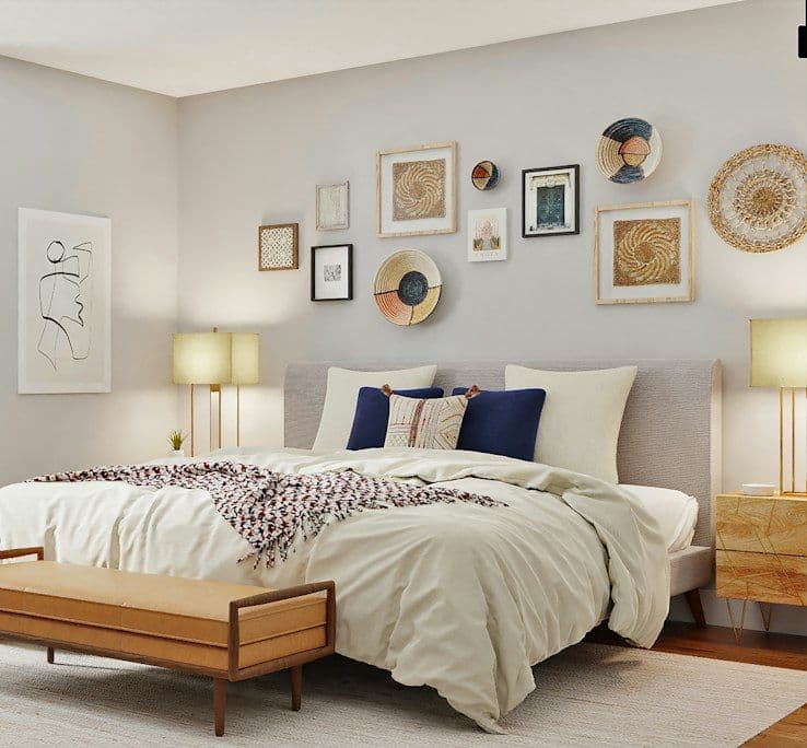Bedroom styled in the same warm palette