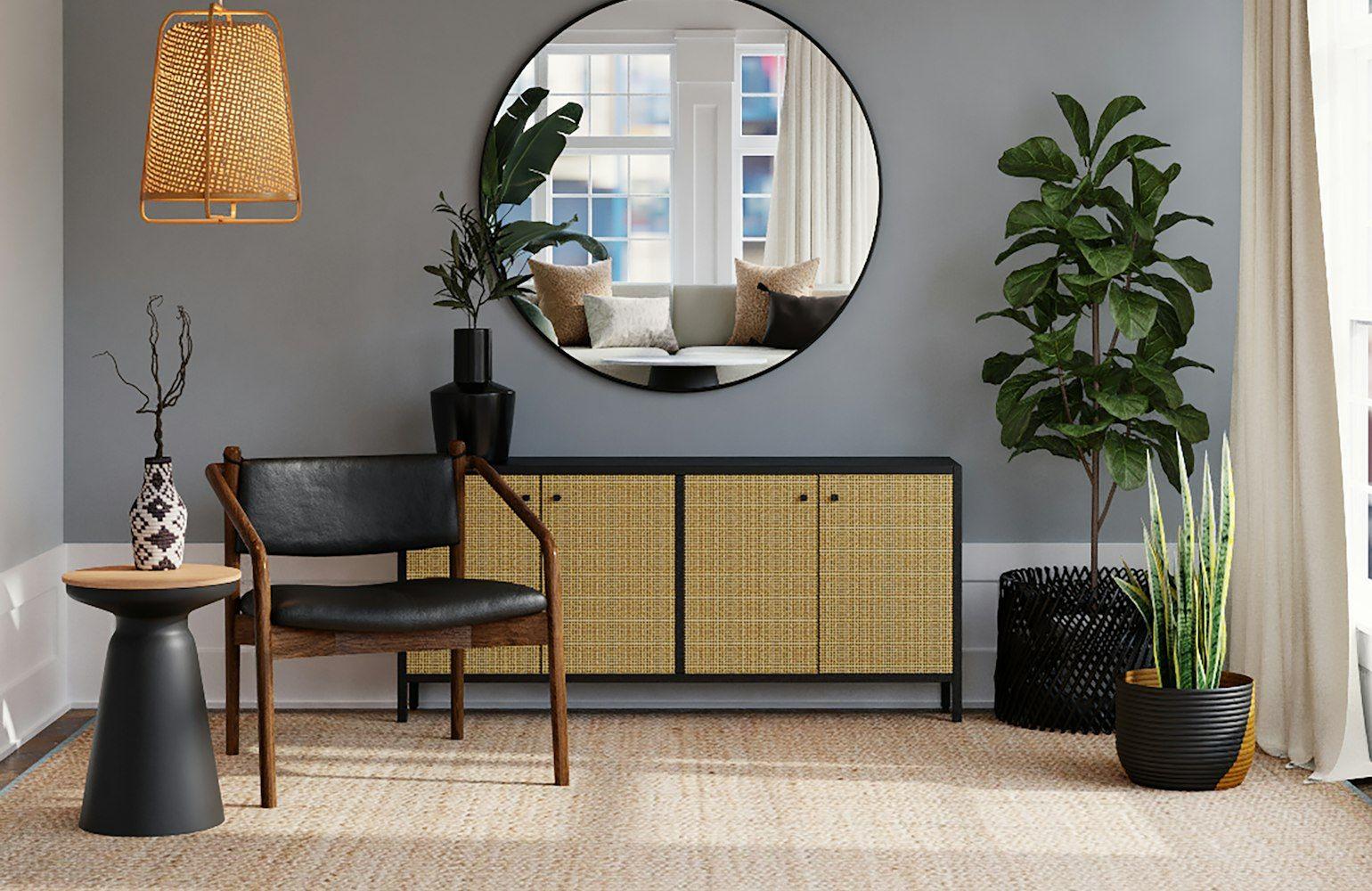 Warm modern lounge with leather and linen seating