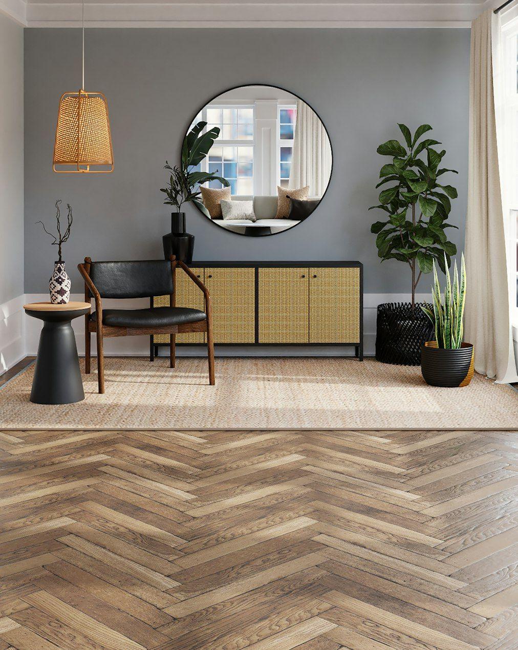 Living room with low coffee table and arc floor lamp