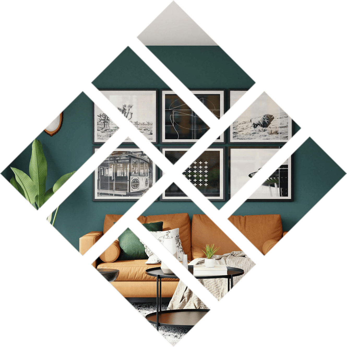 Living room with a teal feature wall, leather sofa and gallery wall