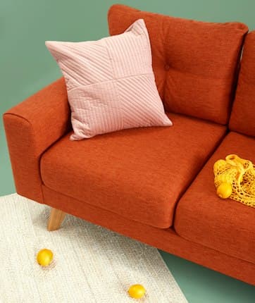 Terracotta velvet sofa with a blush cushion